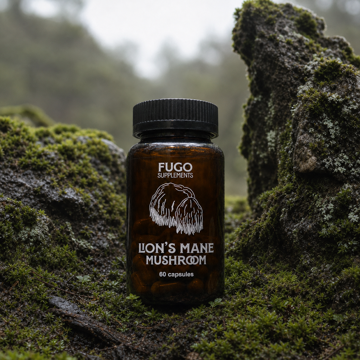FUGO Lion's Mane bottle standing among moss-covered rocks in a forest