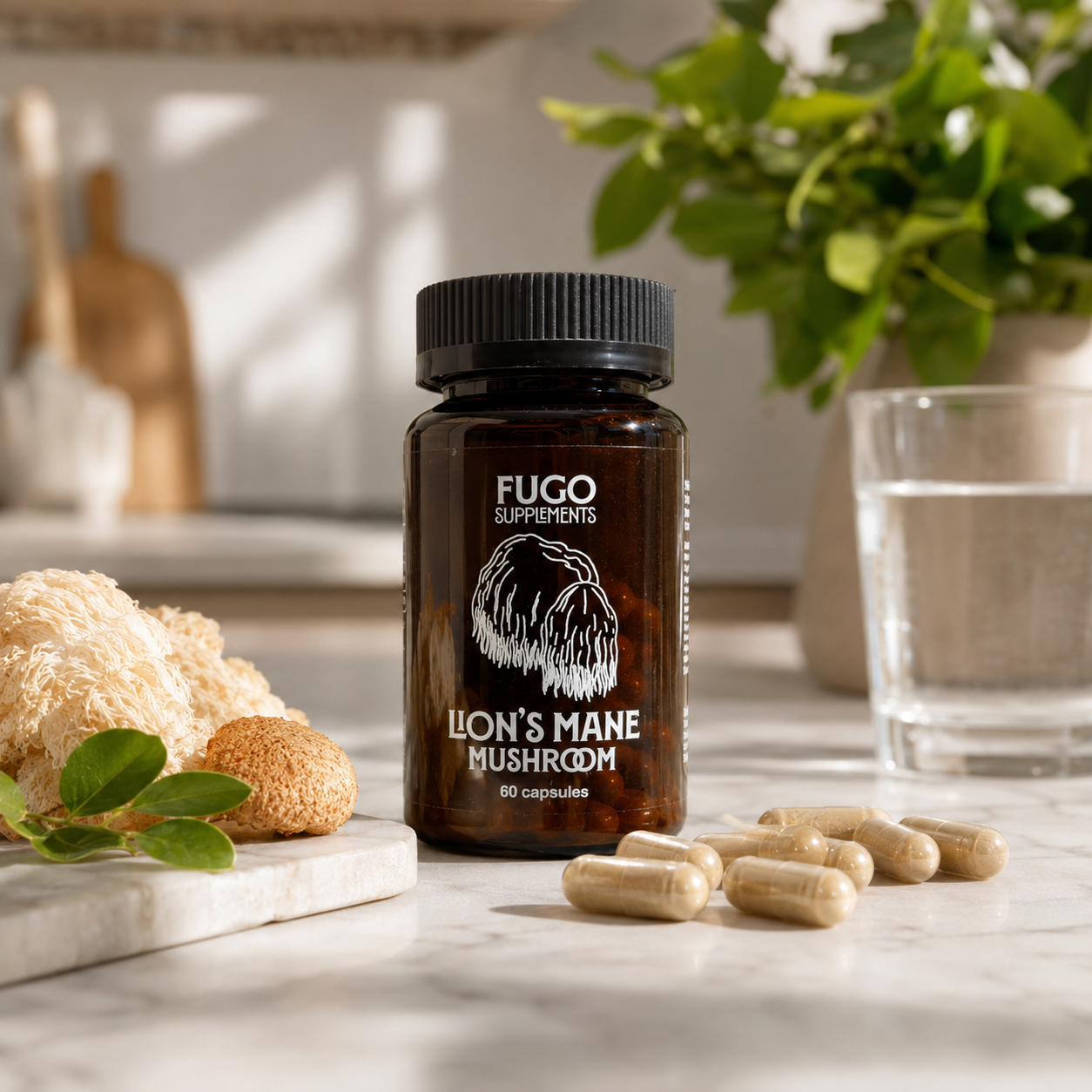 FUGO Lion's Mane bottle with capsules and fresh mushroom